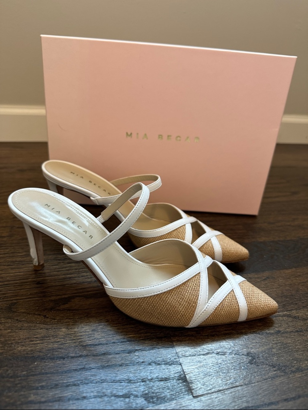 Mia Becar White and Tan Pointed-Toe Slingback Heels
